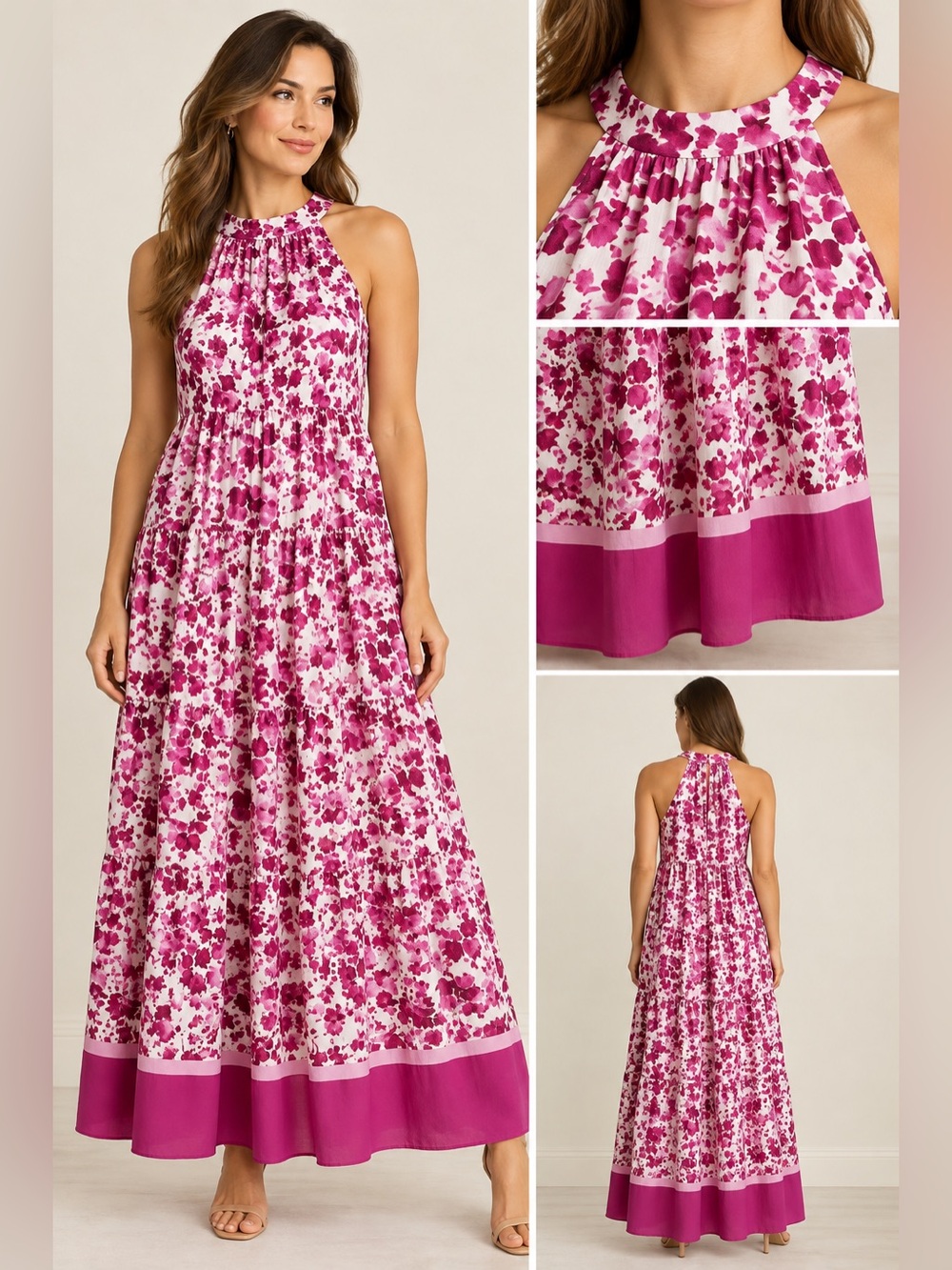 Melonie Halter Floral Maxi Dress in Fuchsia Pink - Picture 1 of 8